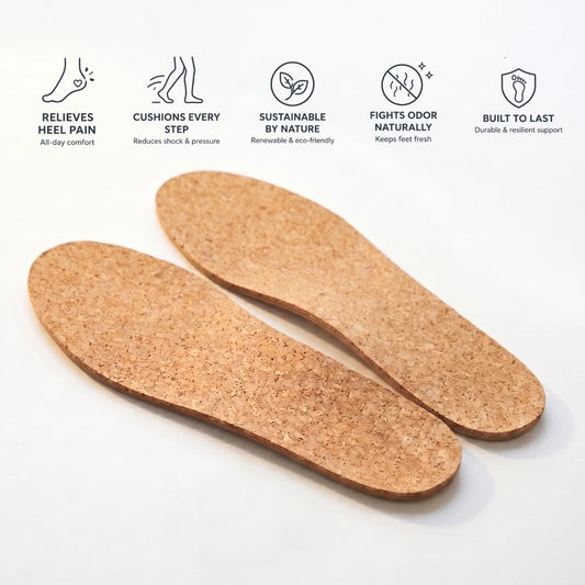 Veloris cork insoles angled view showing layered construction, deep heel cup, and arch contour for flat feet support