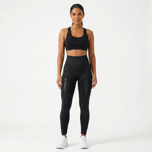 Veloris high waist anti-cellulite sculpting leggings in black — front view showing 5-inch waistband and 3D rib-knit compression