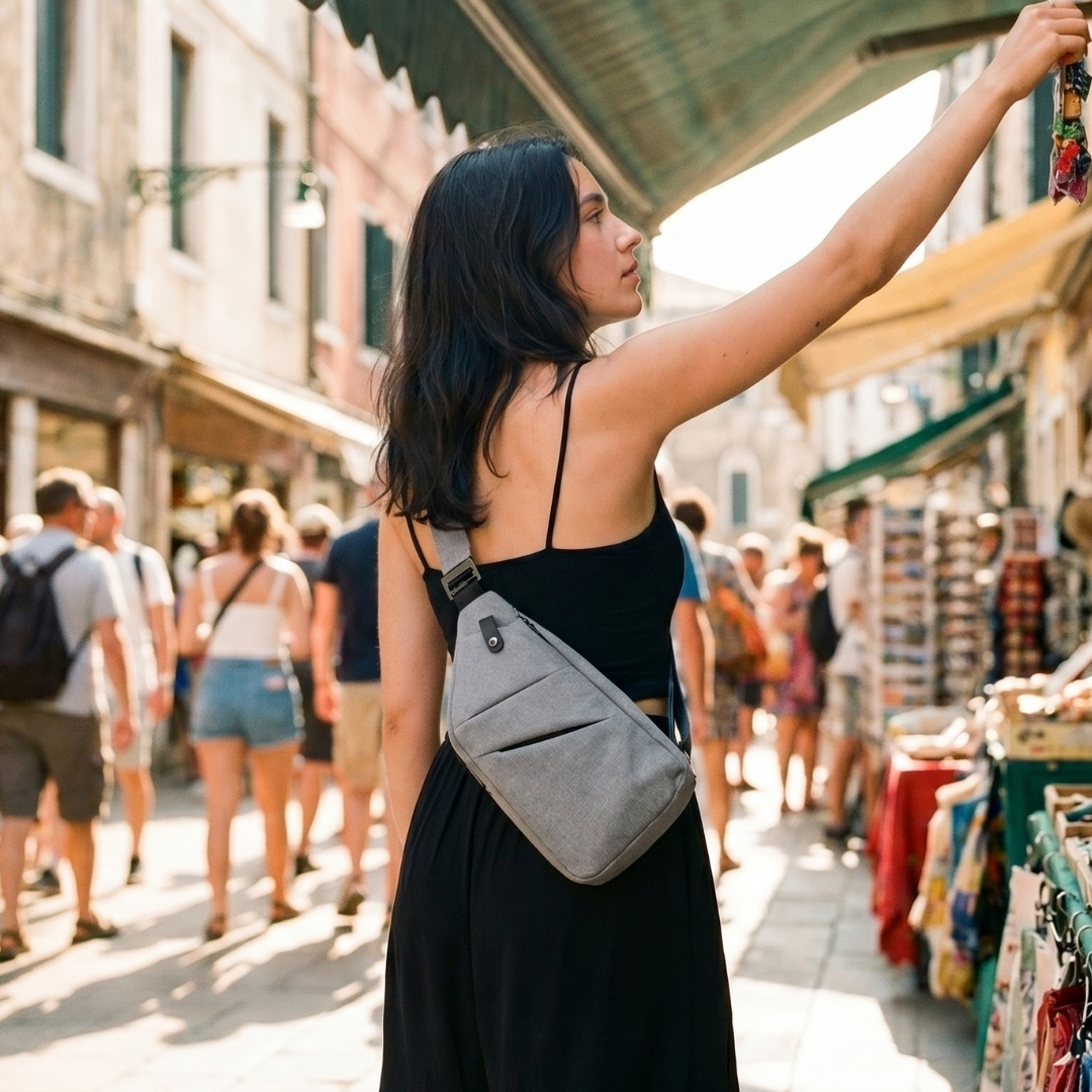 Woman moving through a busy market with calm confidence — Veloris lifestyle